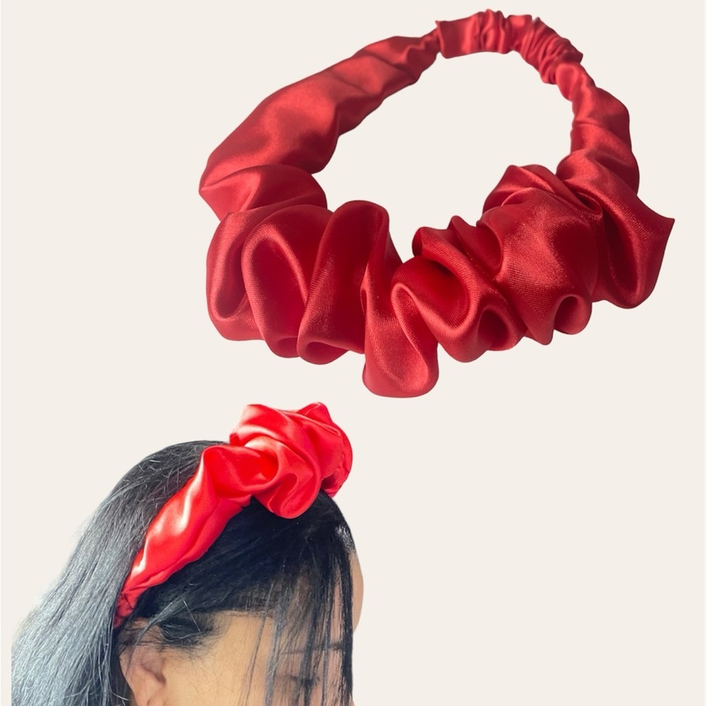 Red Satin Headband wrap scrunched For Women Pleated design